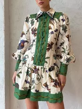 Мини-плиссированное платье с цветочным принтом павлина, женское однобортное платье с длинным рукавом-фонариком, модные праздничные платья, летнее свободное платье S зелёный