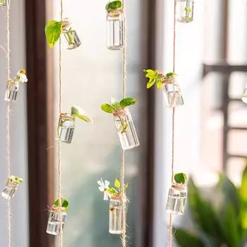 Мини-подвесная стеклянная бутылка из пеньковой веревки, 1 подвесная ваза с 8 мини-бутылками 8pcs
