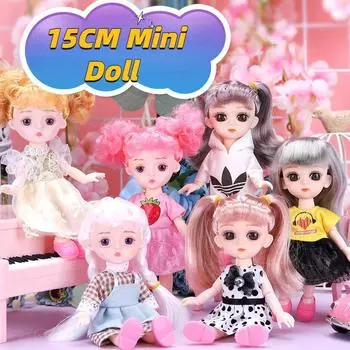 Мини-подвижная 13-шарнирная кукла 15 см, игрушка для девочек, 3D большие глаза, BJD принцесса, полная одежда, коллекция платьев, детская кукла в подарок