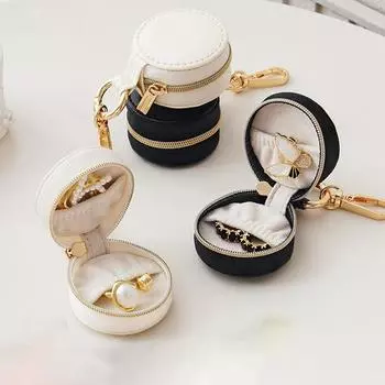 Mini Portable Jewelry Storage Bag Travel Organizer Round Leather Storage Case With Keychain Earrings Ring Jewelry Box Display чёрный