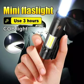 Мини портативный фонарик Q5+COB светодиодный супер яркий фонарик уличный фонарь с зажимом для ручки дальний свет фонарика no battery чёрный