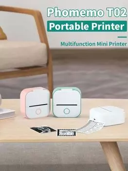Мини-принтер для наклеек Phomemo T02 Термопринтер Портативный карманный телефон без чернил Совместимость с Android iOS Мгновенная печать Веселье зелёный