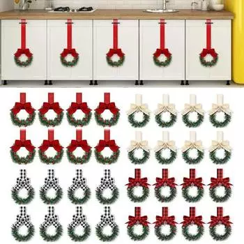 Мини рождественский венок, венки для кухонного шкафа с бантами из лент, зелень, искусственный венок из сосновых иголок для оконных дверей, шкафов, праздничный декор 6pcs черный белый