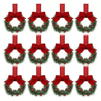 Мини рождественский венок, венки для кухонного шкафа с бантами из лент, зелень, искусственный венок из сосновых иголок для оконных дверей, шкафов, праздничный декор 6pcs