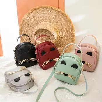 Мини-рюкзак через плечо, милый кошачий узор, школьные рюкзаки для девочек из искусственной кожи, женский простой кошелек для карточек, сумка на плечо розовый