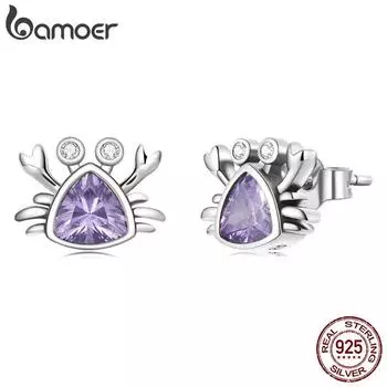 Мини-серьги-гвоздики BAMOER из стерлингового серебра 925 пробы с инкрустацией фиолетовым треугольным цирконием для девочек, серебряные уши, ювелирные изделия в подарок 925 silver