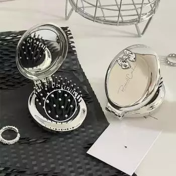 Мини серебряная складная расческа с зеркалом для макияжа для женщин и девочек, портативная круглая маленькая дорожная массажная щетка для волос, аксессуары для укладки волос