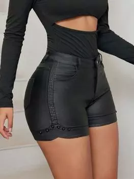 Мини-шорты Rose Beauty A Rave Punk Pink с высокой талией, косыми карманами и заклепками из искусственной кожи, эластичные XS чёрный