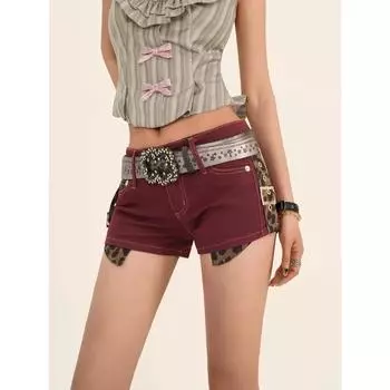 Мини-шорты с леопардовым принтом Y2k для женщин, американские ретро-сексуальные женские джинсовые брюки с низкой талией, винтажная уличная одежда, красные джинсы, лето S красный