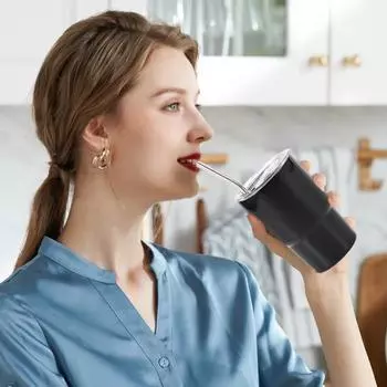 Мини-стакан на 2 унции с соломенной крышкой, стаканы для сублимации из нержавеющей стали, чашки с двойными стенками и вакуумной изоляцией для коктейлей, портативная дорожная кружка чёрный