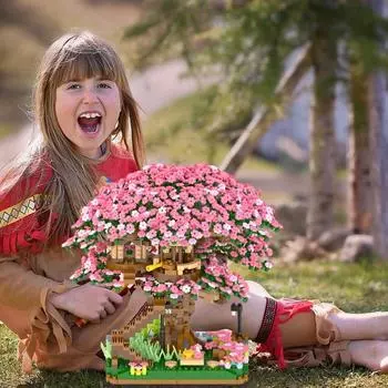 Мини-строительные блоки Мини-модель дома на дереве Сакура Строительные блоки Настольные ботанические украшения Игрушки для детей Подарки для девочек