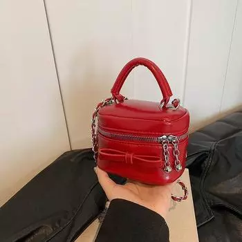 Мини-сумки-ведра с красным бантом для женщин, простые, универсальные, из мягкой кожи, для помады, симпатичная сумочка для новой девушки