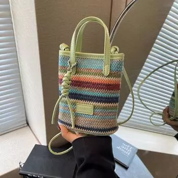 Мини-сумки Yogodlns из соломы в полоску для женщин, модные летние сумки через плечо, сумки и кошельки, плетеная пляжная сумка 14x7x19cm чёрный