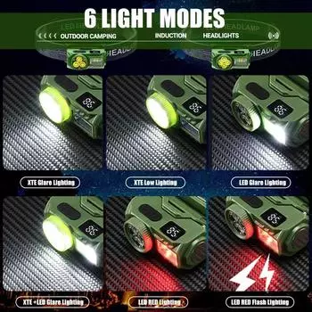 Мини светодиодный налобный фонарь с датчиком движения для кемпинга, рыбалки, USB-фонарь со встроенной батареей и магнитной сигнальной лампой