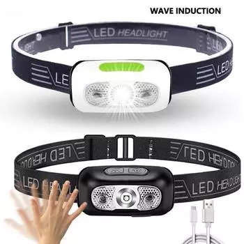 Мини-светодиодный налобный фонарь с USB-перезаряжаемой фарой, датчик движения тела, фонарик для кемпинга, головной фонарь, лампа чёрный