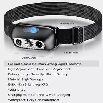 Мини-светодиодный налобный фонарь со встроенной батареей, USB перезаряжаемый налобный фонарь, уличный фонарик для кемпинга, рыбалки, прожектор, фара black теплый белый