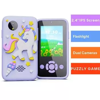 Мини-телефон с защитным чехлом в виде динозавра, игрушечный телефон с играми-головоломками, детские умные часы-телефон, MP3-плеер, видеомагнитофон. фиолетовый