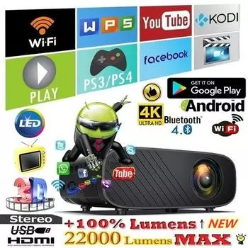 Мини-телефон WiFi с таким же экраном, проектор 22000 люмен/160 ANSI люмен, проектор 1080P 3D проектор для домашнего кинотеатра Android EU Plug белый