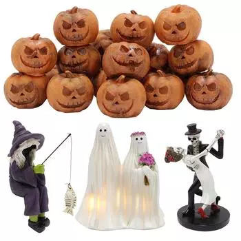 Мини-тыквенное украшение, статуя ведьмы-рыболова на Хэллоуин, светящаяся призрачная статуя жениха и невесты, танцующая пара скелетов