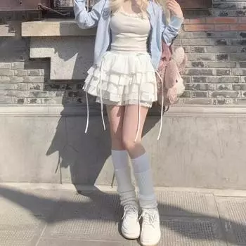 Мини-юбка балетного кавайного кружева для женщин и девочек, милая белая плиссированная юбка в стиле Лолиты, японский мини-торт в стиле Харадзюку Y2k XL белый