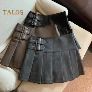 Мини-юбка из искусственной кожи с поясом, летняя короткая юбка трапециевидной формы, женская плиссированная мини-юбка с высокой талией, уличная одежда M чёрный