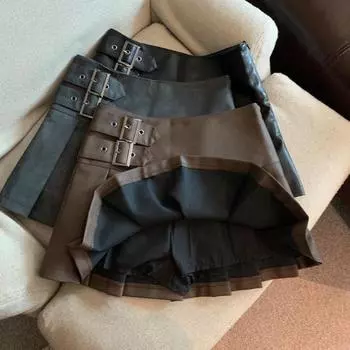 Мини-юбка из искусственной кожи с поясом, летняя короткая юбка трапециевидной формы, женская плиссированная мини-юбка с высокой талией, уличная одежда XL чёрный