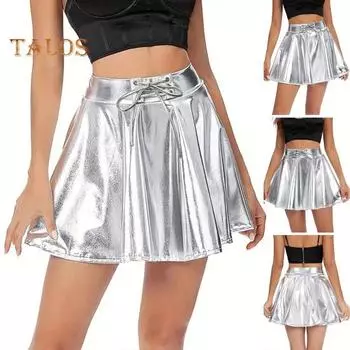 Мини-юбка металлик для женщин. Короткая юбка с высокой талией и регулируемой завязкой на талии. Серебристая расклешенная короткая юбка трапециевидной формы из искусственной кожи для вечеринок, ночных клубов. XL серебряный