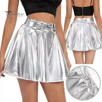 Мини-юбка металлик для женщин. Короткая юбка с высокой талией и регулируемой завязкой на талии. Серебристая расклешенная короткая юбка трапециевидной формы из искусственной кожи для вечеринок, ночных клубов. XL серебряный