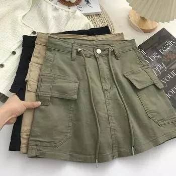 Мини-юбка с высокой талией и пуговицами, большой карман на бедрах, облегающая женская юбка трапециевидной формы с боковой завязкой, уличная одежда M зелёный