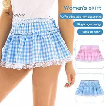 Мини-юбка со средней посадкой, эластичный пояс, клетчатый принт, кружевная отделка, оборка, короткая юбка-трапеция, юбка для ролевых игр на Хэллоуин M синий