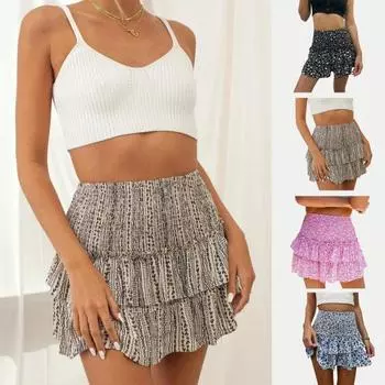 Мини-юбка в богемном стиле с высокой талией, плиссированная эластичная резинка на поясе с цветочным принтом, летняя двухслойная юбка с рюшами и подолом, уличная одежда S синий