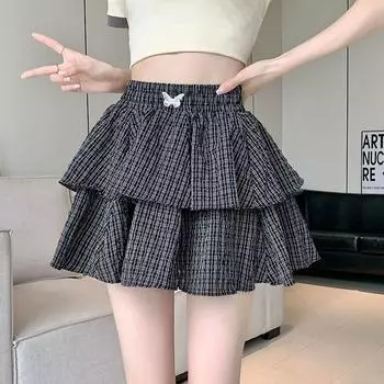 Мини-юбки Cake для женщин, летние, милые, студенческие, А-силуэта, эластичные оборки на талии, корейские, повседневные, универсальные, юбки Y2k S чёрный