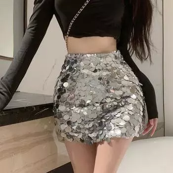 Мини-юбки с пайетками для женщин, блестящие юбки А-силуэта с высокой талией и запахом на бедрах, облегающие, для девушек, на лето и весну, элегантные вечерние юбки S