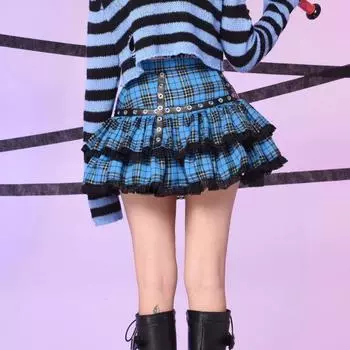 Мини-юбки в стиле «лолита-торт», готические, японские, для девушек в стиле «харадзюку», фиолетово-розовые, клетчатые, плиссированные, панк, сладкие кружева, кавайные, косплей-костюмы S синий