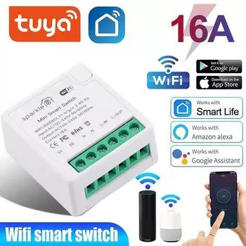 Мини-умный Wi-Fi DIY-переключатель Tuya 16A поддерживает двустороннее управление, модуль автоматизации умного дома, работает с приложением Alexa Google Home Smart Life белый