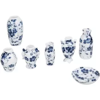 Мини-ваза 1/12, Украшение мебели для мини-кукольного домика, Ваза для кукольного домика, Процесс нанесения на поверхность, Ваза из керамической банки, Синий и белый фарфор 7Pcs синий/белый