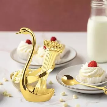 Мини-вилки для фруктов из нержавеющей стали, ложки с нескользящей ручкой, пищевая стойка для хранения лебедя для детей, десерты, закуски, вечеринки, свадьбы