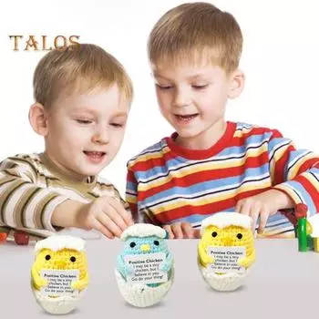 Мини-вязаная крючком курица с позитивной открыткой, ручная работа, пряжа, вязание, сине-желтая кукла, игрушка для снятия стресса, украшение для домашнего офиса и рабочего стола жёлтый