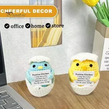 Мини-вязаная крючком курица с позитивной открыткой, ручная работа, пряжа, вязание, сине-желтая кукла, игрушка для снятия стресса, украшение для домашнего офиса и рабочего стола синий