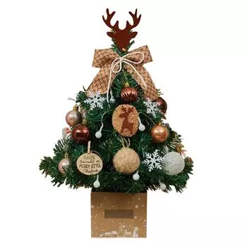 Mini Xmas Tree with Deer Horn Adjustable Light Strings Tabletop Small Destop Decor 50cm Khaki