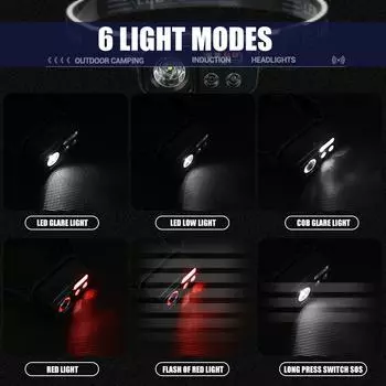 Мини XPE+COB индукционный налобный фонарь USB перезаряжаемый 6 режимов освещения светодиодный налобный фонарь водонепроницаемый для кемпинга и рыбалки