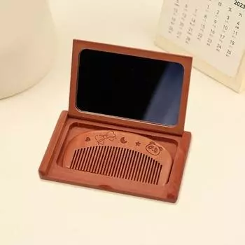 Мини-зеркало с расческой, компактное деревянное карманное зеркало с расческой, переносное зеркало для макияжа и укладки волос с деревянной расческой Square