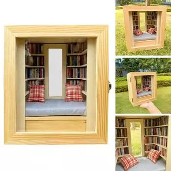 Миниатюрная книжная комната, деревянный мини-уголок для снятия стресса, книжный уголок, избавляющий от беспокойства, с книжным шкафом, подарок для любителей книг, домашний офис, декор A