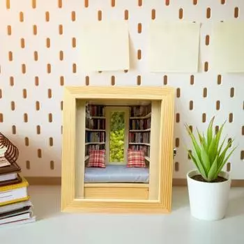 Миниатюрная книжная комната, деревянный мини-уголок для снятия стресса, книжный уголок, избавляющий от беспокойства, с книжным шкафом, подарок для любителей книг, домашний офис, декор A