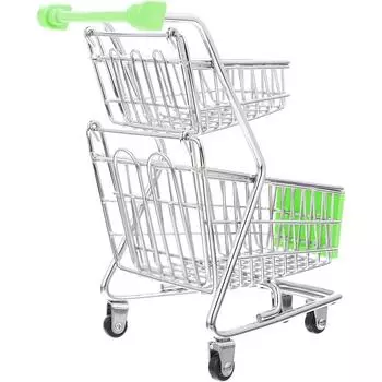 Миниатюрная корзина для покупок Мини-металлическая корзина для покупок Мини-супермаркет Ручная тележка Двухслойная тележка для супермаркетов Игрушка для домашнего декора рабочего стола зелёный