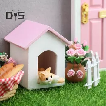 Миниатюрный домик для домашних животных, деревянная цветная крыша, белая стена, мебель для кукольного дома, модель мини-собачьей будки для 1 человека:12. Декор кукольного дома розовый