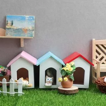 Миниатюрный домик для домашних животных Yousheng, деревянная цветная крыша, белая стена, кукольный домик, мебель, модель мини-собачьей будки для 1 человека:12. Декор кукольного дома красный