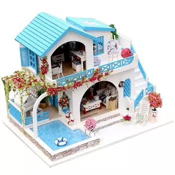 Миниатюрный кукольный домик Moin Moin, набор для самостоятельной работы, инструкция на английском языке, домик на крыше у моря, синяя роза, собака в полоску, светодиодная подсветка, акриловый чехол