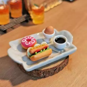 Миниатюрный набор пончиков для кукольного дома, аксессуары для кофейных булочек для хот-догов, глиняные мини-пончики с керамическим подносом для кукольного дома, декор кухни, пекарня, кофейня A