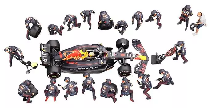 Миниатюры TrueScale MINI GT Oracle Red Bull Racing RB18 2022 Winner Car Abu Dhabi Grand Prix Max Verstappen Pit Crew Set Completed Product 1/64 #1 чёрный